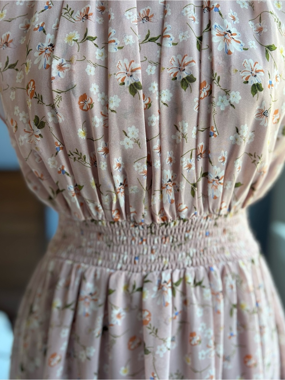 MELLODAY Pink Floral Smocked Maxi Dress with Ruffle Shoulders - Picture 14 of 16
